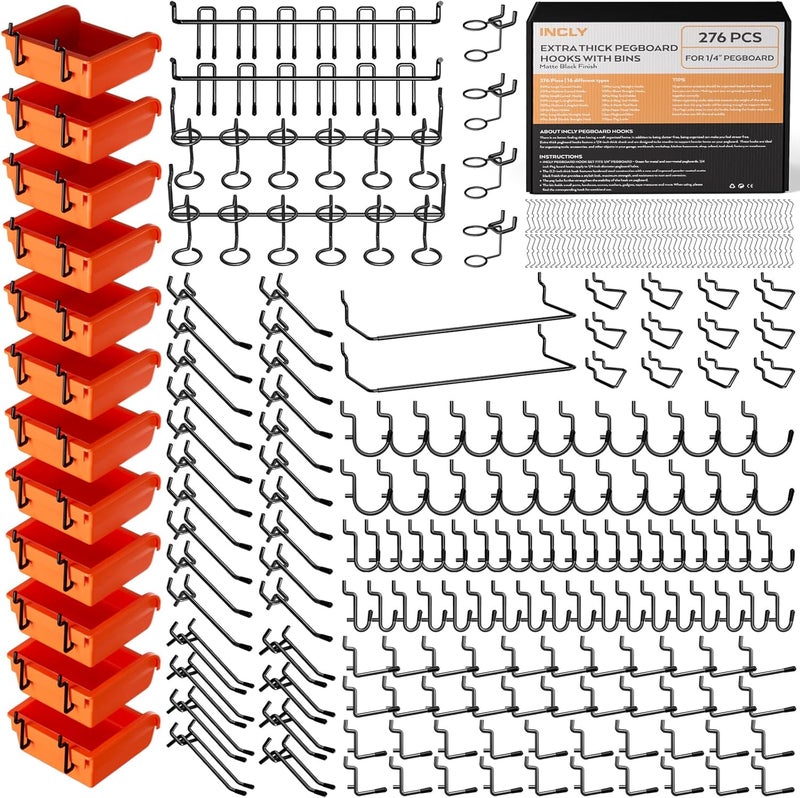 INCLY 276PCS Extra Thick 1/4" Pegboard Accessories Organizer Kit, Heavy Duty Black Pegboard Hooks with Bins & Paper Towel Holder, Peg Board Hook Assortment for Garage Wall Attachments Hanging Tools - Image 1